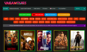 A collage of various movie posters and logos from the Vegamovies website, showcasing a diverse range of entertainment options including Bollywood movies, web series, and dual audio content.