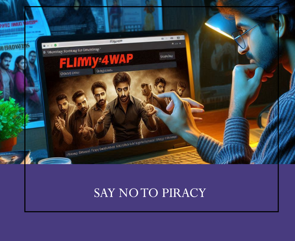  A person wearing glasses looks intently at a laptop screen displaying a website named “FILMY4WAP” with several movie posters obscured by beige blocks. Above the screen, bold text reads “SAY NO TO PIRACY,” highlighting the anti-piracy message. The background is dimly lit with blue hues, focusing attention on the laptop and its user.