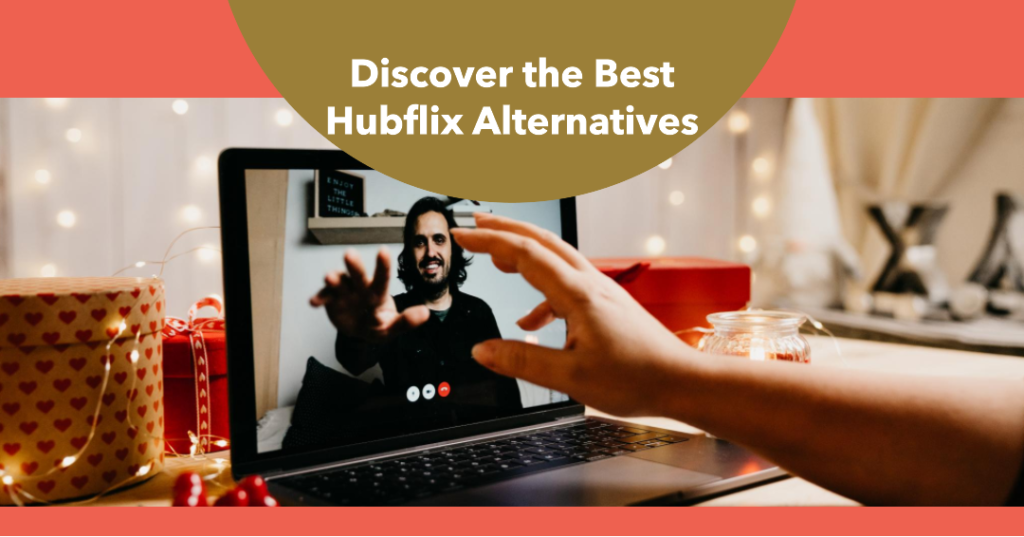 Laptop screen displaying a video call with a text box reading Discover the Best Hubflix Alternatives The laptop is on a table with decorative lights in the background