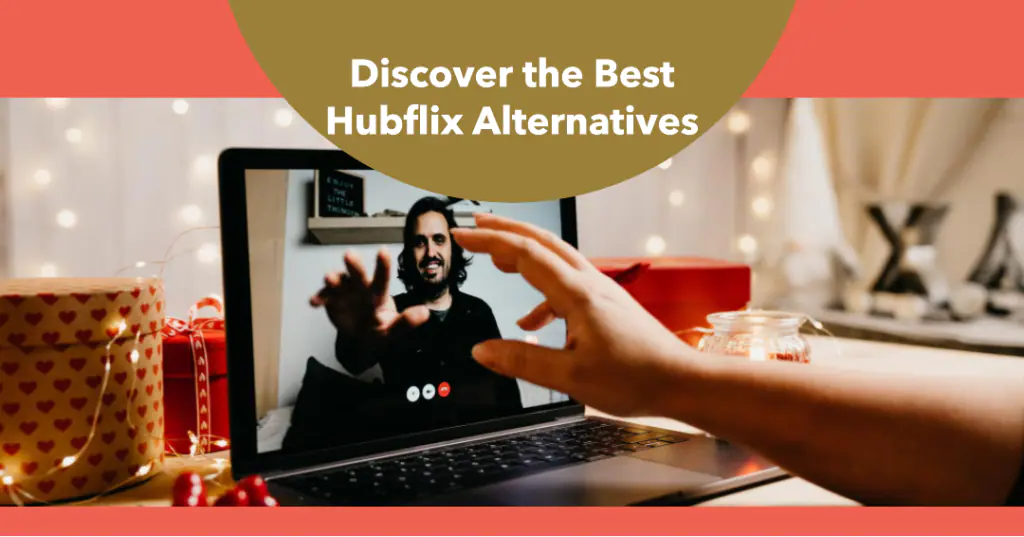 Laptop screen displaying a video call with a text box reading ‘Discover the Best Hubflix Alternatives.’ The laptop is on a table with decorative lights in the background.