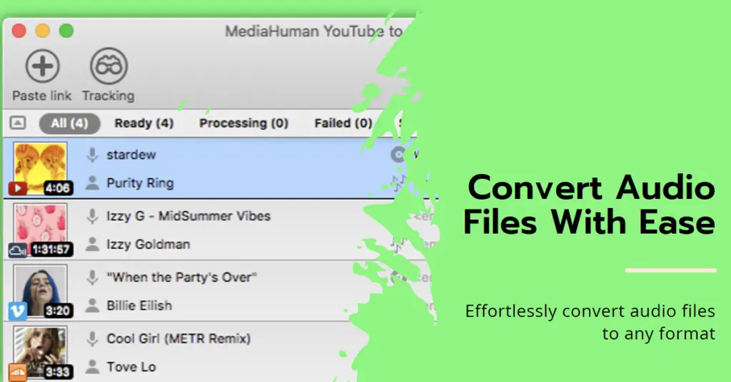 Screenshot of MediaHuman YouTube to MP3 Converter interface with a list of videos queued for conversion, highlighting the feature “Convert videos to mp3 With Ease.