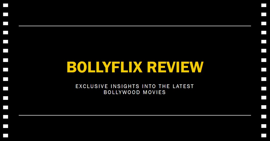 A black background with the words “BOLLYFLIX REVIEW” in large, bold, yellow letters at the top, and a caption below in smaller white text stating “EXCLUSIVE INSIGHTS INTO THE LATEST BOLLYWOOD MOVIES,” framed by light bulb outlines.