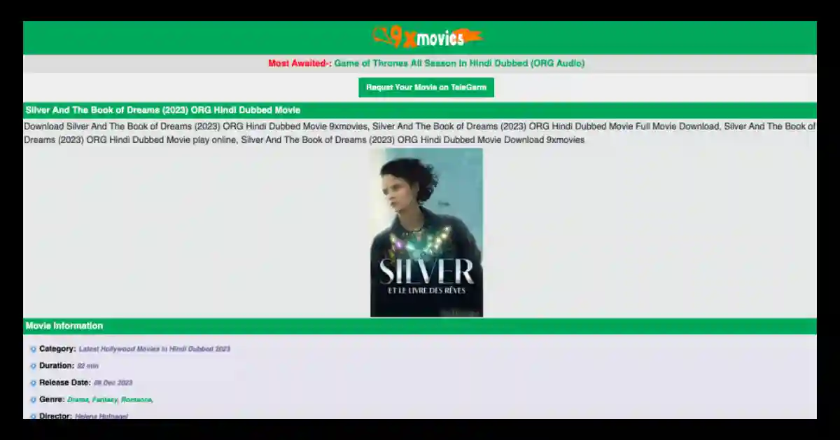 9xmovies - A promotional image for the movie "Silver and The Book of Dreams (2023)" with a young woman in a mystical setting, featuring the title text "Silver" and "Et Livre Des Reves