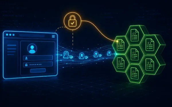 Web Application Icon Connected To A Document-Database Icon Representing User Identity Data Flowing Into Mongodb, With A Padlock Icon Showing Successful Authentication