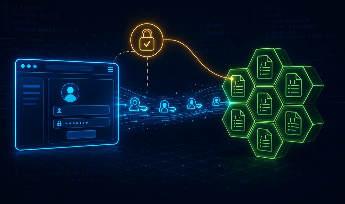 Asp.net Core Identity With Mongodb: A Complete Setup Guide 1 Web Application Icon Connected To A Document-Database Icon Representing User Identity Data Flowing Into Mongodb, With A Padlock Icon Showing Successful Authentication