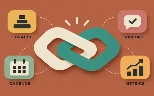 Illustration Of Two Interlocking Ribbon Shapes Representing Connection, Surrounded By Labeled Icons For Loyalty, Support, Cadence, And Metrics