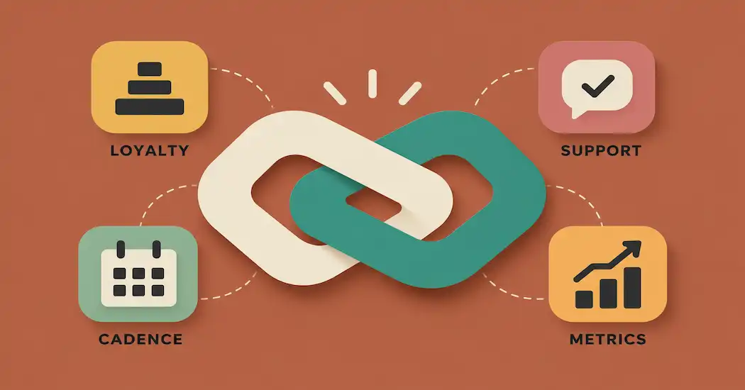 Illustration Of Two Interlocking Ribbon Shapes Representing Connection, Surrounded By Labeled Icons For Loyalty, Support, Cadence, And Metrics