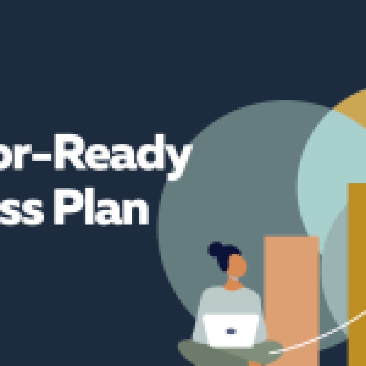 Illustration of a person working on a laptop with bar graphs and an upward arrow, representing the growth and success of an investor-ready business plan.