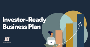 Illustration of a person working on a laptop with bar graphs and an upward arrow, representing the growth and success of an investor-ready business plan.