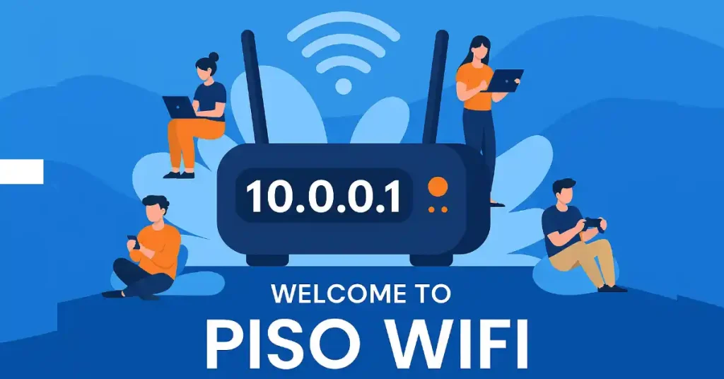 Illustration of people using devices around a 10.0.0.1 Piso WiFi router with WiFi signals, promoting affordable internet access