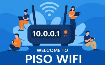 Illustration of people using devices around a 10.0.0.1 Piso WiFi router with WiFi signals, promoting affordable internet access