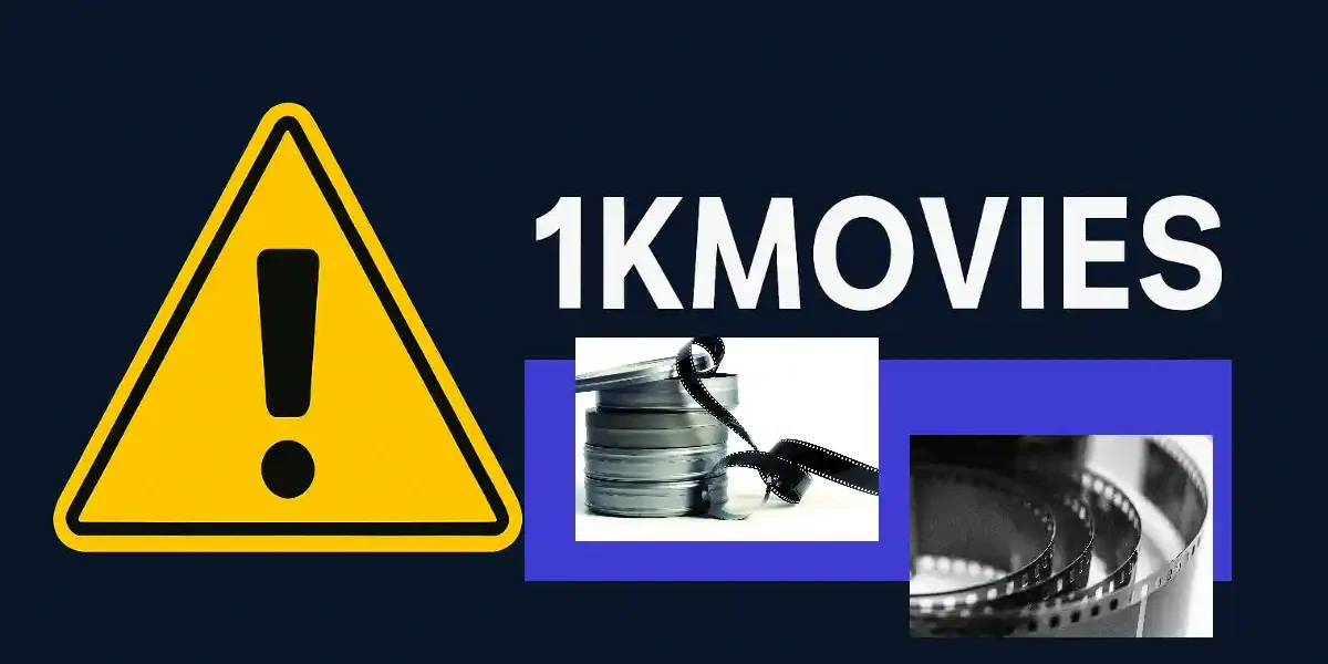Warning sign for 1kmovies with film reels and exclamation mark on blue background