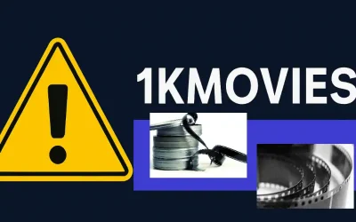 Warning sign for 1kmovies with film reels and exclamation mark on blue background