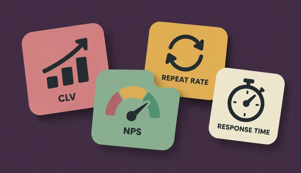 How To Build Close Customer Relationships Through Your Marketing 3 Illustration Of Four Icon Cards Representing Customer Lifetime Value, Net Promoter Score, Repeat Purchase Rate, And Response Time As Key Relationship Metrics