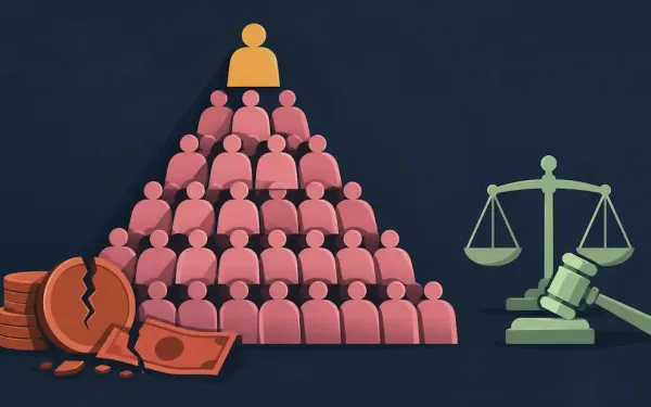 Illustration Of A Pyramid Built From Human Figures Narrowing To A Single Figure At The Top, Beside A Cracked Coin And A Scale Of Justice Representing Enforcement Action