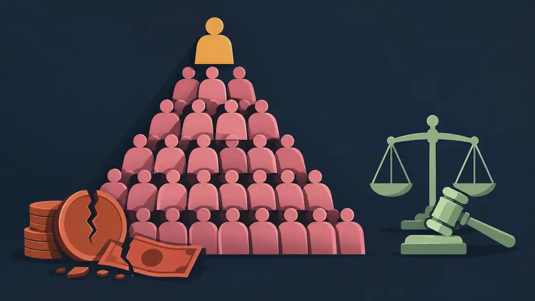 Illustration Of A Pyramid Built From Human Figures Narrowing To A Single Figure At The Top, Beside A Cracked Coin And A Scale Of Justice Representing Enforcement Action