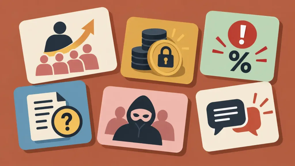 Jaa Lifestyle Login: What India'S Enforcement Directorate Found Behind This &Quot;Earn From Home&Quot; Platform 2 Illustration Of Six Icons Representing Pyramid Scheme Warning Signs: Recruitment-Based Earnings, Upfront Fees, Unrealistic Returns, No Regulator Registration, Anonymous Leadership, And Recruitment Pressure