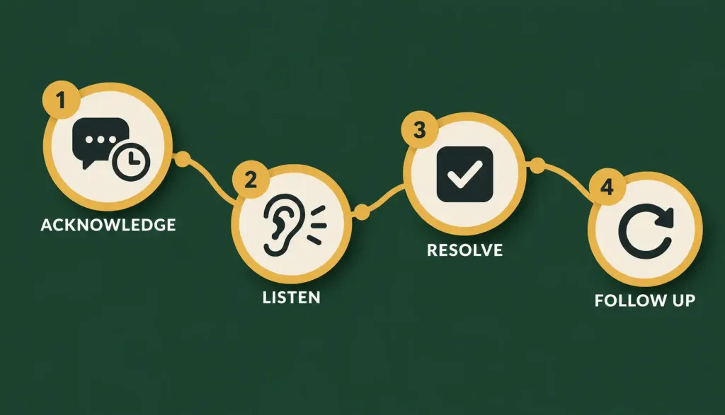 How To Build Close Customer Relationships Through Your Marketing 2 Illustration Of Four Connected Steps Representing Acknowledging, Listening, Resolving, And Following Up On A Customer Complaint