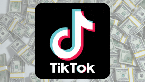 TikTok logo superimposed on a background of US dollar bills indicating potential earnings for creators.