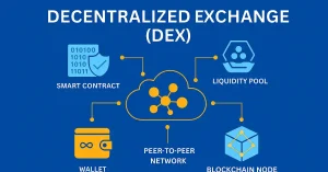 Decentralized Exchange (DEX) infographic showing how smart contracts, liquidity pools, wallets, peer-to-peer networks, and blockchain nodes work together for non-custodial crypto trading.
