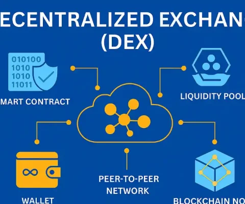 Decentralized Exchange (Dex) Infographic Showing How Smart Contracts, Liquidity Pools, Wallets, Peer-To-Peer Networks, And Blockchain Nodes Work Together For Non-Custodial Crypto Trading.