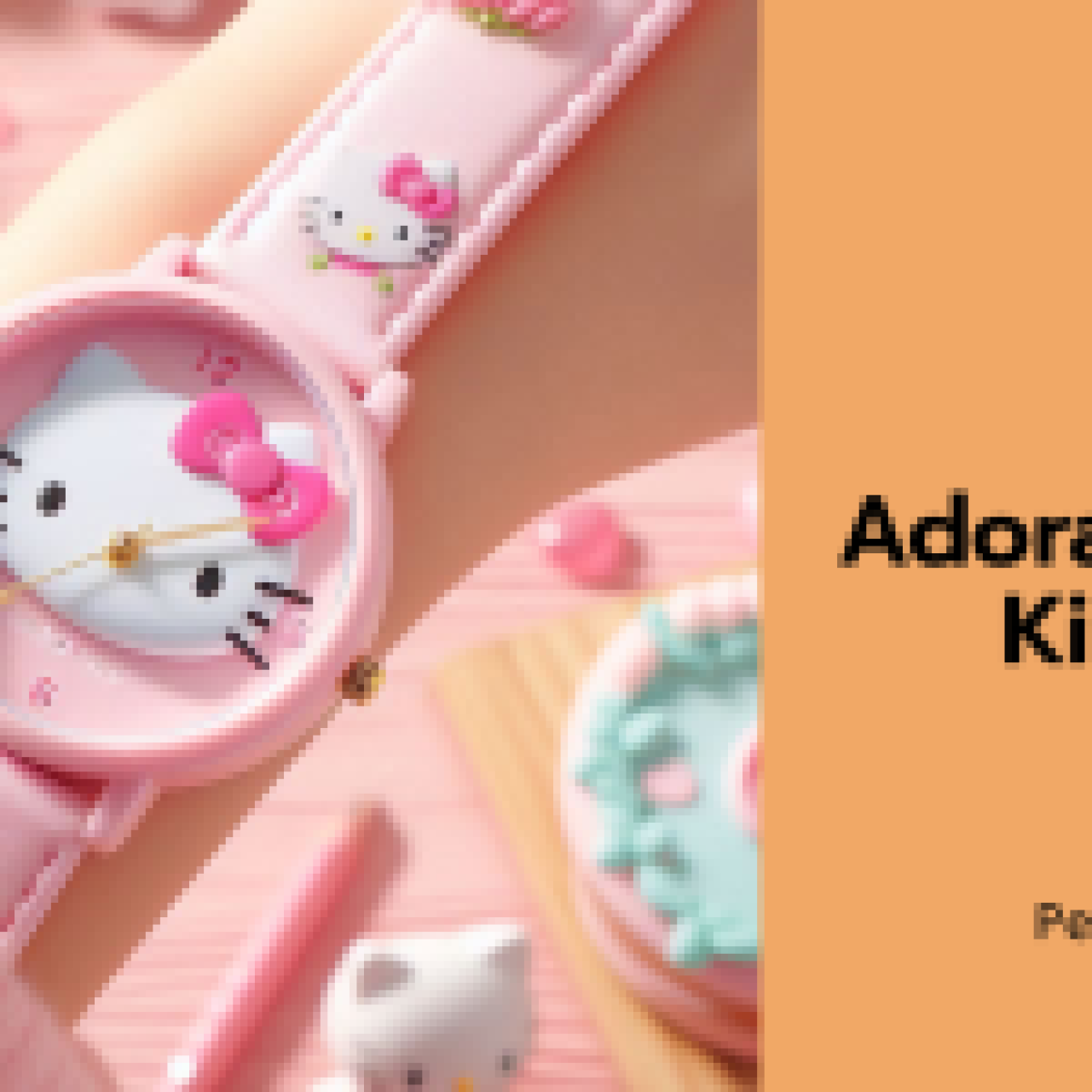 A pink Hello Kitty watch on a child’s wrist, featuring a cute Hello Kitty face on the dial and matching pink strap with Hello Kitty designs.