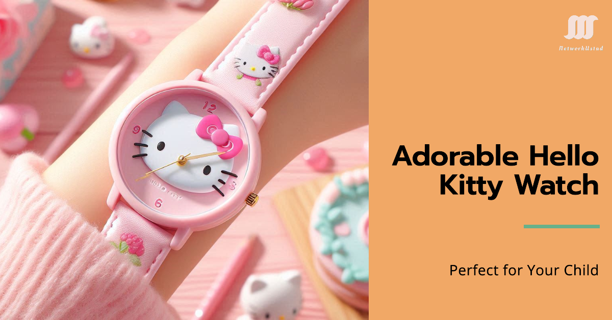 A pink Hello Kitty watch on a child’s wrist, featuring a cute Hello Kitty face on the dial and matching pink strap with Hello Kitty designs.