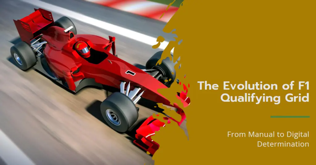 A graphic image featuring a red Formula 1 racing car in motion with speed lines and dynamic, abstract shapes suggesting movement on the left side. The background is a gradient of white to red, symbolizing speed and energy.T he Evolution of F1 Qualifying Grid
