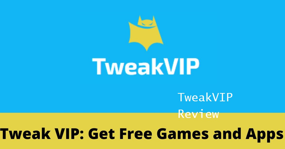 A graphic with a bright blue background featuring the text “TweakVIP” in large white letters, with a golden crown icon above it. Below is the text “Get Free Games and Apps” in smaller white letters, and at the bottom, there’s a black bar with the words “TweakVIP Review” in white.