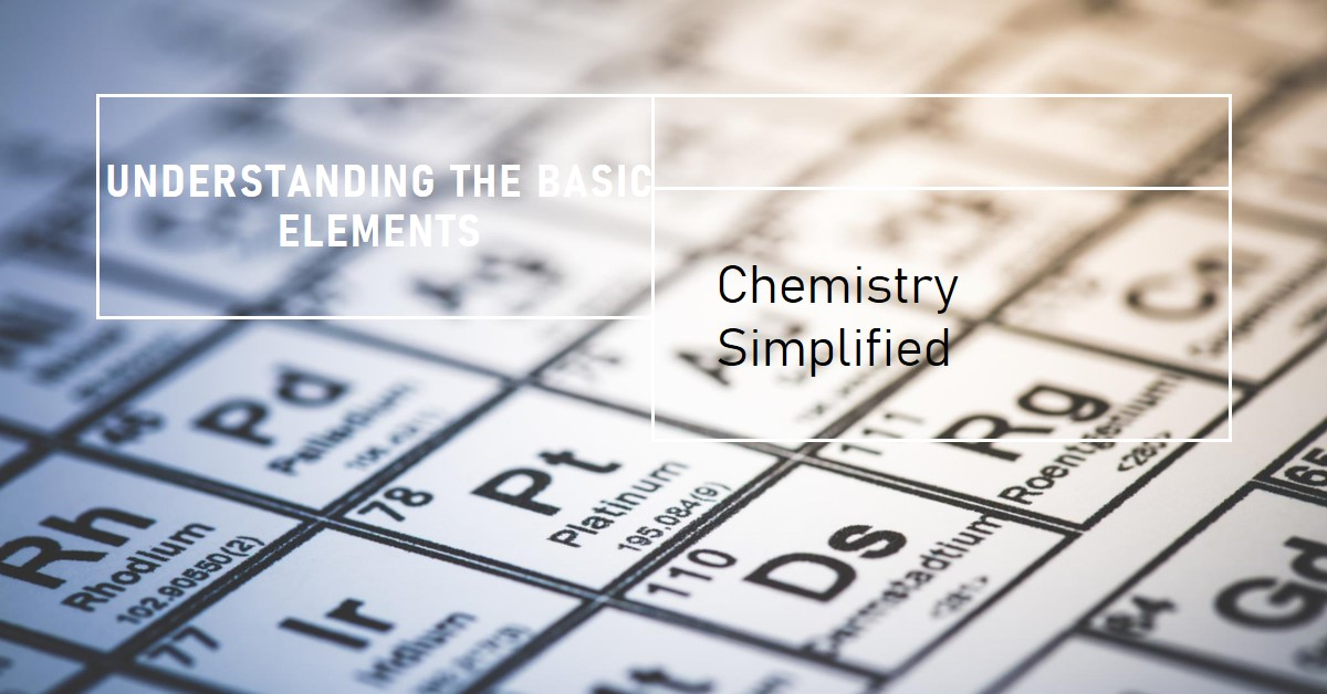 A close-up image of a periodic table with a focus on several elements, including Rhodium (Rh), Platinum (Pt), and Nitrogen (N). Overlaid text reads ‘Understanding The Basic Elements’ and ‘Chemistry Simplified.