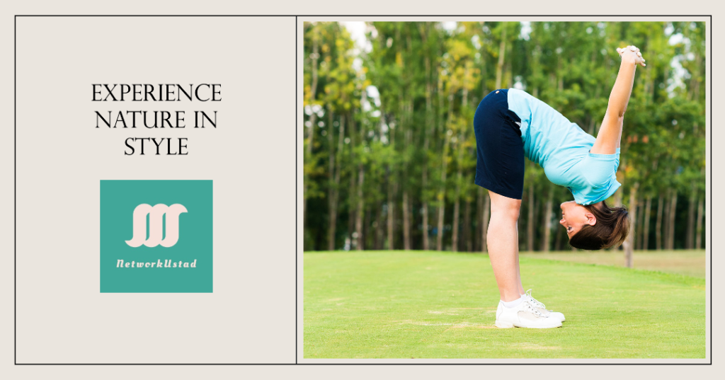 A person bending forward in a golfing stance on a grassy field with trees in the background To the left there is a teal square with three white curved lines symbolizing water and the text Rterworkisted below it Above this square the phrase EXPERIENCE NATURE IN STYLE is written in capital letters