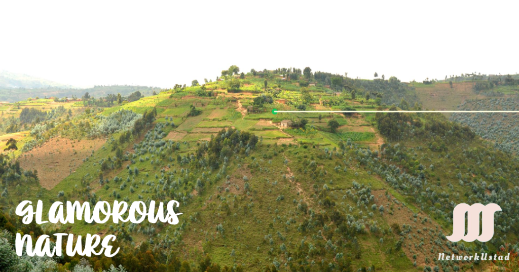 A panoramic view of a hilly landscape with patches of agricultural fields and clusters of trees The image has the words GLAMOROUS NATURE in bold stylized font at the bottom center and a logo with three'M’s on the bottom right corner.