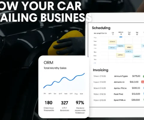 Shiny Car Being Detailed With Overlaid Tablet Displaying Car Detailing Software Dashboard Featuring Scheduling, Crm, And Invoicing Tools For Business Growth.