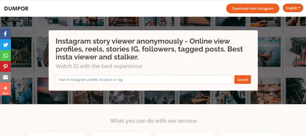 A webpage featuring a tool to view Instagram stories anonymously. It includes a search bar with the text "Search Instagram profile, location or tag" and a red "Search" button, over a collage of Instagram photos. Social media sharing buttons are on the left side.