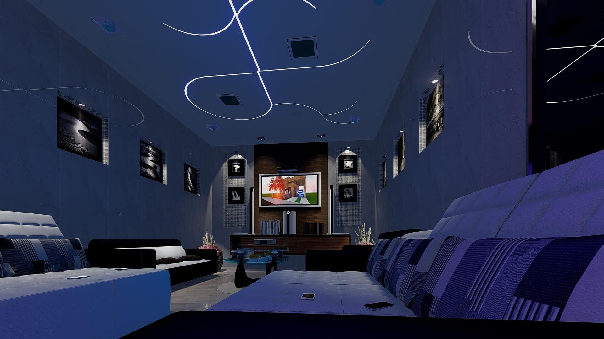 Inspirational 3D Character Designs 1 A modern living room with ambient lighting, featuring sleek furniture and a large TV screen displaying a colorful image.