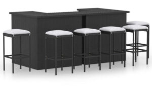 Modern black outdoor bar table with six matching stools equipped with white cushions