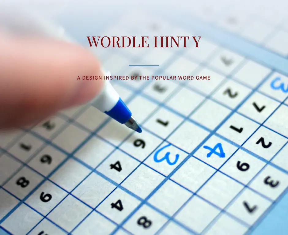 A close-up view of a crossword puzzle-like grid with letters in individual squares. A hand holding a pen is poised above the grid, suggesting the act of solving the puzzle. The text “WORDLE HINTY” is prominently displayed at the top.