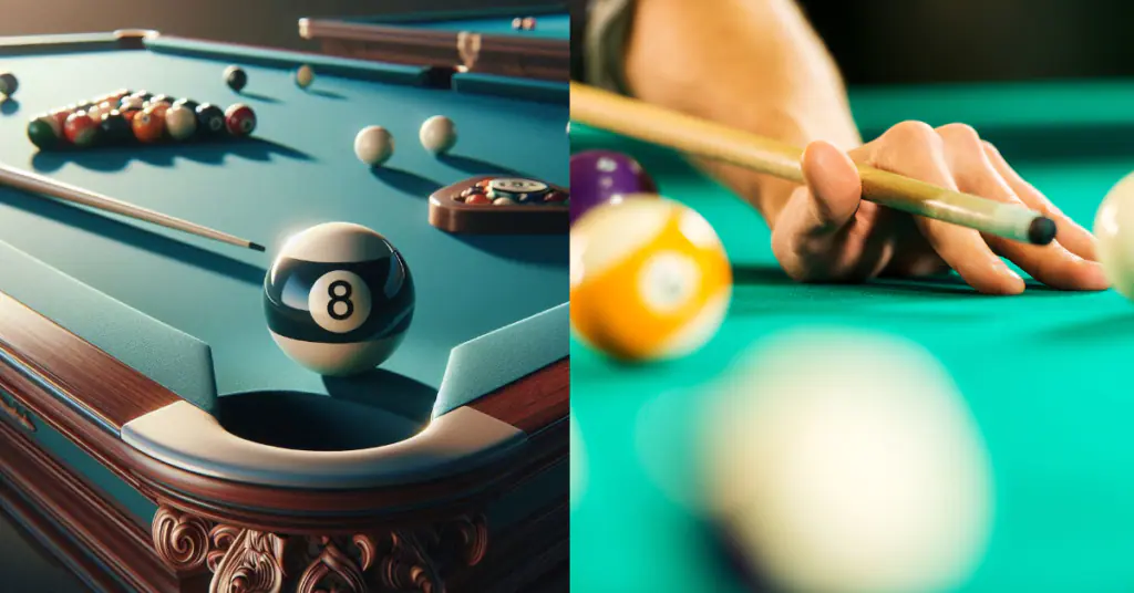 A close-up view of a billiard table with a focus on the black 8-ball near a corner pocket, other colorful billiard balls scattered across the table, and a player’s hands holding a cue stick aiming at a white cue ball.