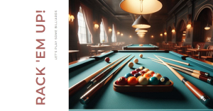 A well-lit billiards room with a pool table in the foreground, racked balls ready for a game, cues resting on the table, and pendant lights hanging above.