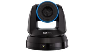 A sleek black NDI PTZ camera with a distinctive blue ring around the lens, showcasing its modern design and advanced technology.