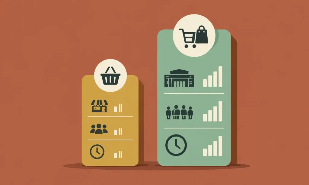 What Is Walmart Neighborhood Market? Everything You Need To Know 2 Illustration Comparing A Shorter Grocery-Focused Column To A Taller General Merchandise Column, Representing The Size And Scope Difference Between Neighborhood Market And Supercenter