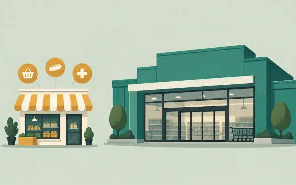 Illustration Comparing A Small Grocery-Focused Storefront To A Much Larger General Merchandise Storefront, Representing The Size Difference Between Walmart Neighborhood Market And A Supercenter