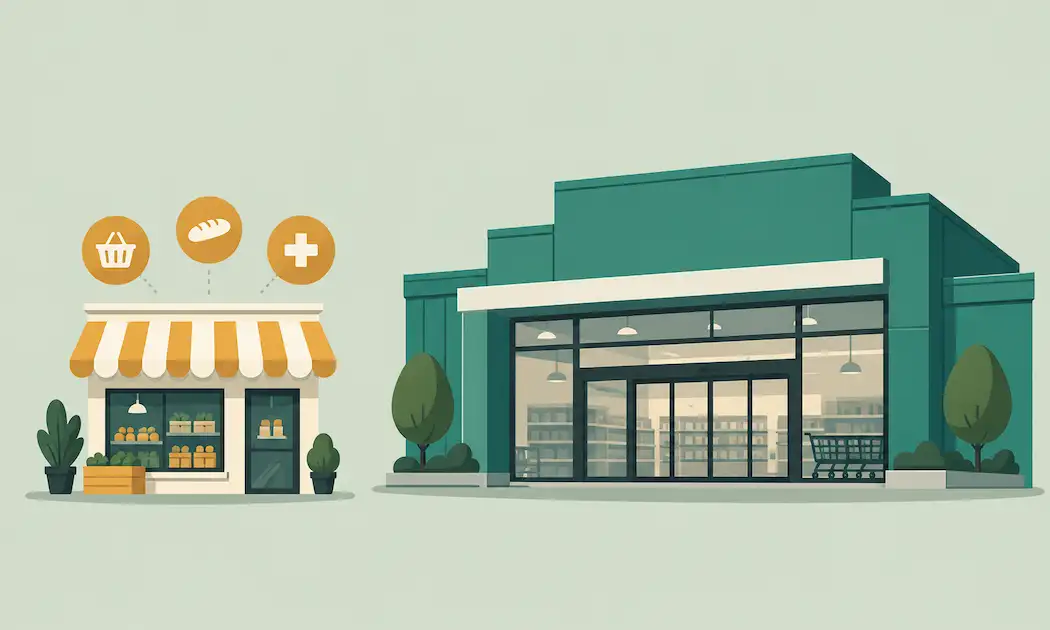 What Is Walmart Neighborhood Market? Everything You Need To Know 1 Illustration Comparing A Small Grocery-Focused Storefront To A Much Larger General Merchandise Storefront, Representing The Size Difference Between Walmart Neighborhood Market And A Supercenter