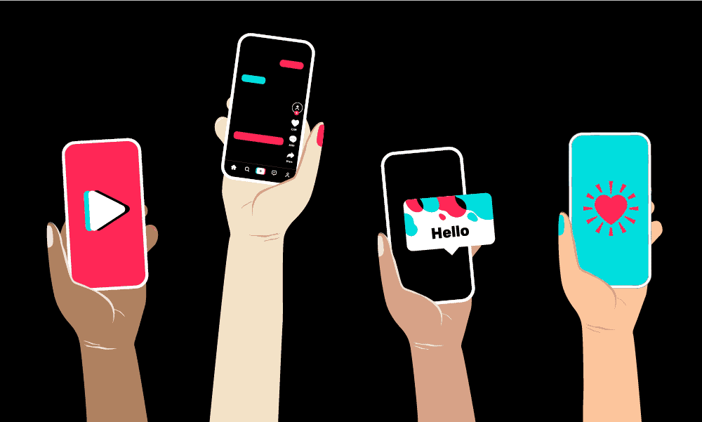 Four hands holding smartphones against a black background, each displaying different content: a video player icon, chat bubbles in a messaging app, the word ‘Hello’ in a speech bubble, and an abstract design with radiating lines and dots.
