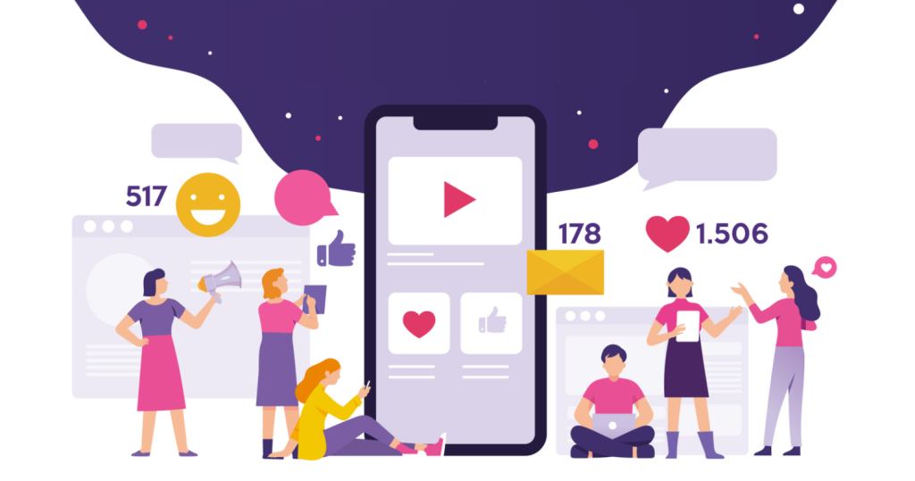 An illustration featuring a group of seven stylized people engaging with various social media elements. In the center, there’s a large smartphone displaying a play button, symbolizing video content, with metrics such as ‘178’ and ‘1.506’ indicating likes or views. Surrounding the device, individuals are depicted in different activities: one is taking a selfie, another is filming, two individuals are having a conversation with speech bubbles above them, one person is lounging while looking at a tablet, and another is holding up a heart symbol. Above the scene are more social media icons like comment bubbles and emoticons floating around to represent online interaction.