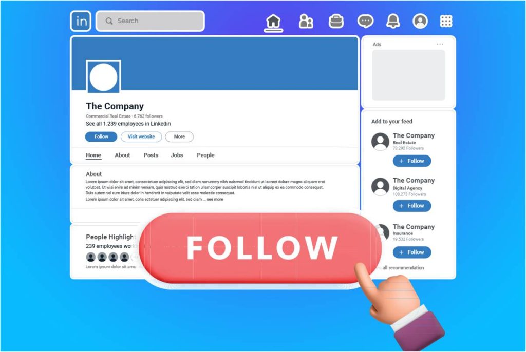 A stylized graphic of a LinkedIn company page interface with a prominent red FOLLOW button being clicked The page displays the companys name The Company with various tabs such as Home About Products Jobs and People visible There are notifications for messages and alerts in the top right corner The interface suggests a user is about to follow the company on LinkedIn