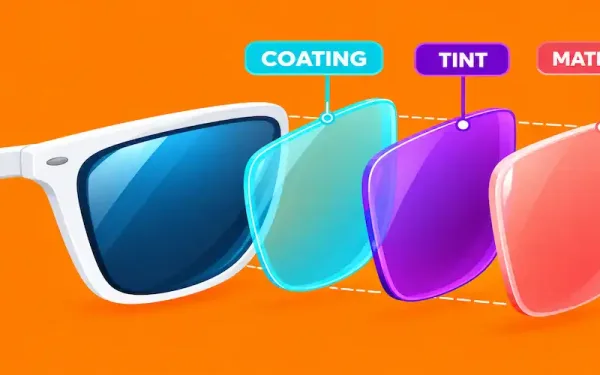 Illustration Of An Exploded Sunglasses Lens Diagram Showing Three Labeled Layers: Coating, Tint, And Material