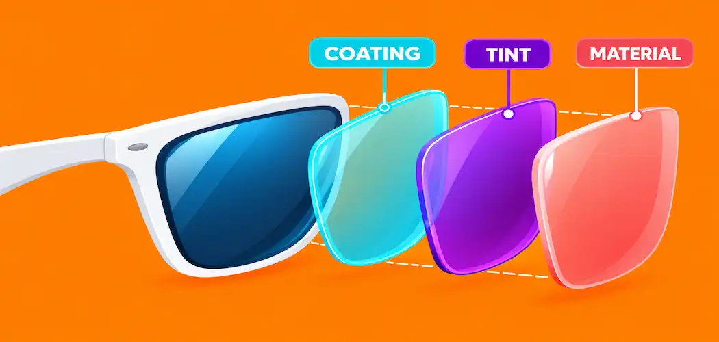 The Complete Guide To Choosing Sunglass Replacement Lenses 1 Illustration Of An Exploded Sunglasses Lens Diagram Showing Three Labeled Layers: Coating, Tint, And Material