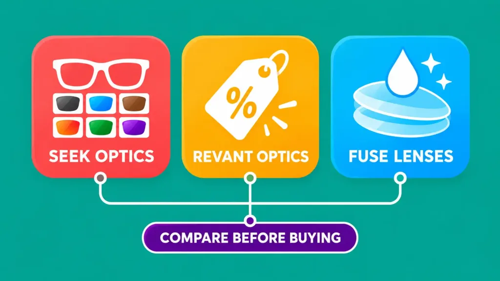 The Complete Guide To Choosing Sunglass Replacement Lenses 2 Illustration Of Three Labeled Badges Reading Seek Optics, Revant Optics, And Fuse Lenses, Connected To A Compare Before Buying Badge