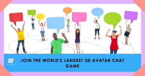 A diverse group of people holding colorful speech bubbles with IMVU’s logo and tagline ‘JOIN THE WORLD’S LARGEST 3D AVATAR CHAT GAME’